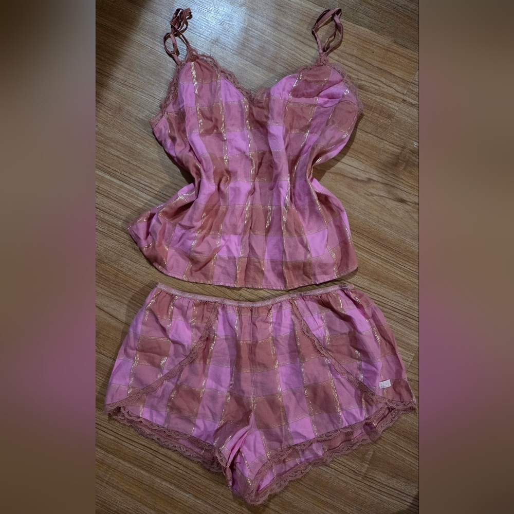 Victoria's Secret Pink/Orange Plaid Cami & Shorts Glittery Lace 2pc Pajama Set L